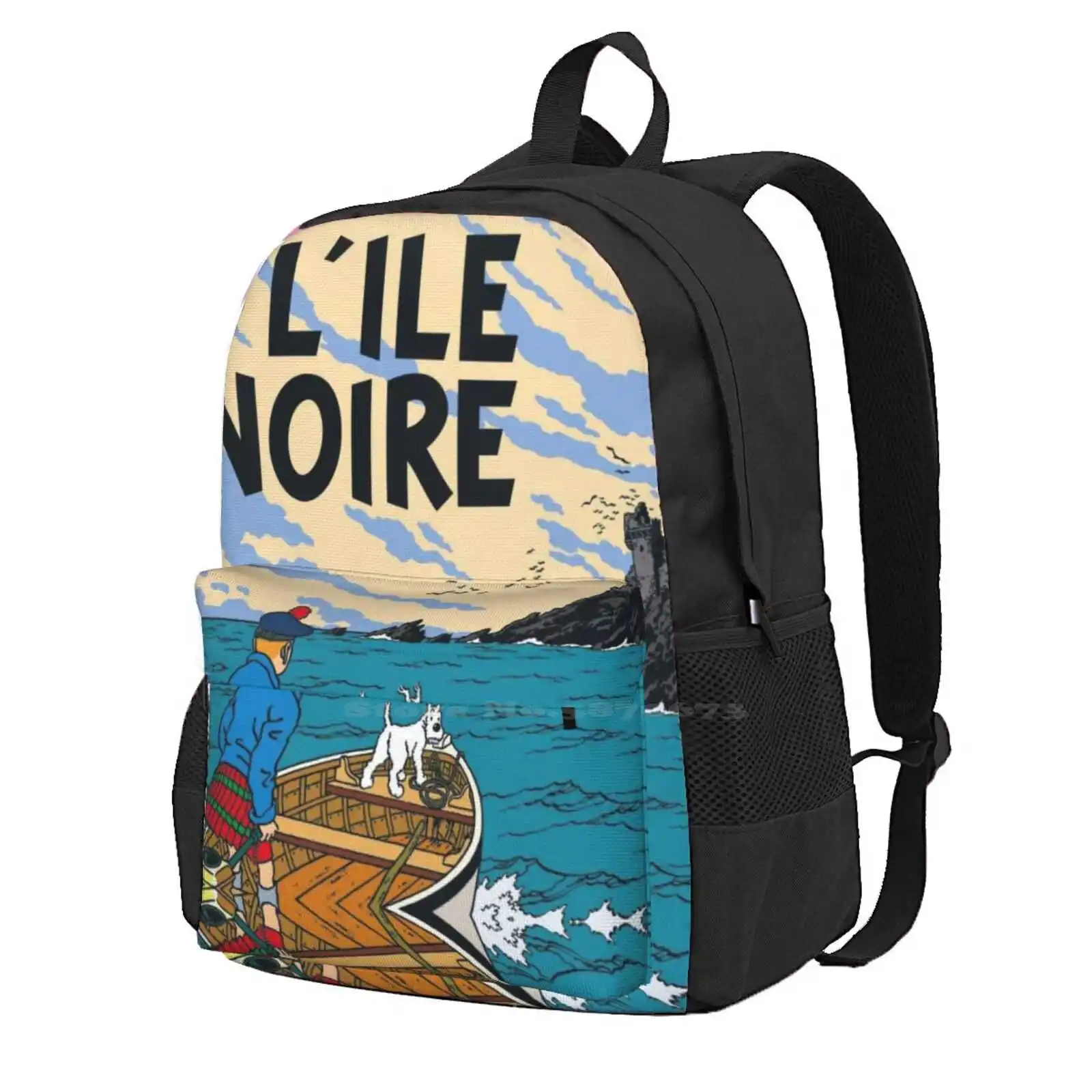 

L'Ile Noire 3D Print Design Backpack Student Bag Lile Noire Ship France Dog Kids Funny Tin Tin Cartoon Animation Beach Ocean