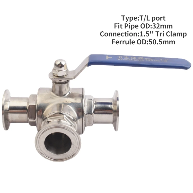 

Fit 32mm 1-1/4" Pipe 1.5" Tri Clamp Ferrule O/D 50.5mm 304 Stainless Steel Sanitary 3 Way L Port Ball Valve Homebrew Diary