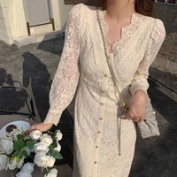 niggeey chic elegant lace dress summer v neck long sleeve midi dress one pieces ladies korean evening dresses woman clothes 2022