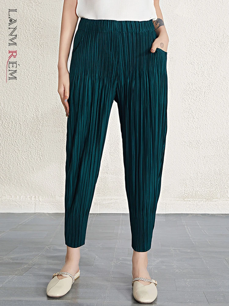 

LANMREM Solid Color Women Pleated Pants High Waist Ankle-length Harem Trousers Casual Female Clothing 2023 Spring Summer 2YA318