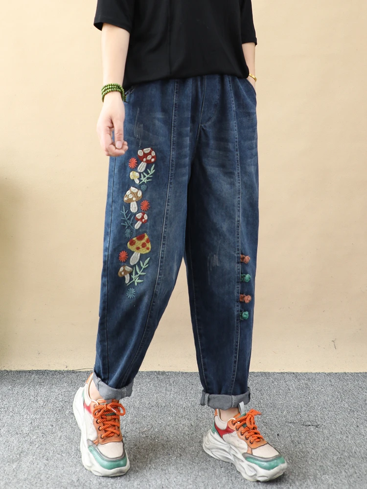 

Женские джинсовые брюки в стиле ретро, свободные укороченные штаны-шаровары с вышивкой в виде грибов, синие джинсы для женщин, осень 2022