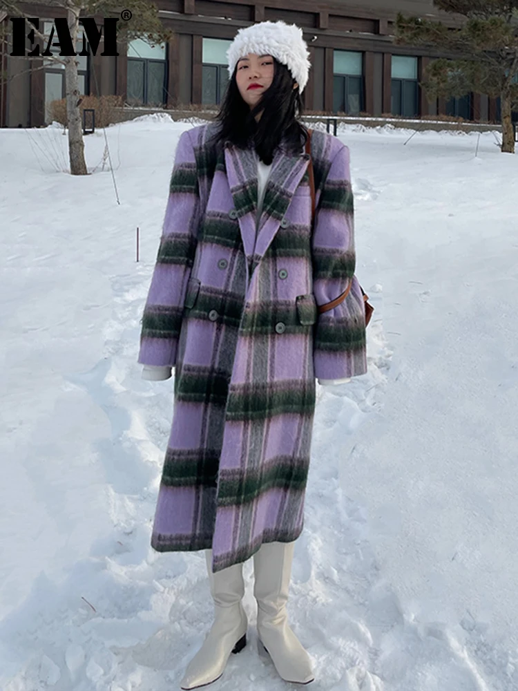 

[EAM] Loose Fit Purple Plaid Big Size Long Elegant Woolen Coat Parkas New Long Sleeve Women Fashion Autumn Winter 2022 1DF2153