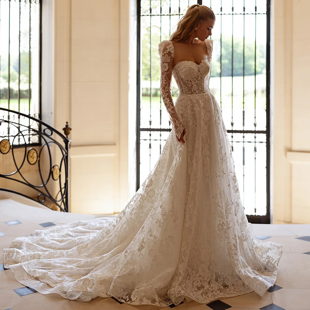 Gorgeous Lace Wedding Dress Robe De Mariee Customized Sweetheart Long Sleeves Court Train Illusion Back Bridal Gown (art.: 3920d476bc769) - 3920d476bc769