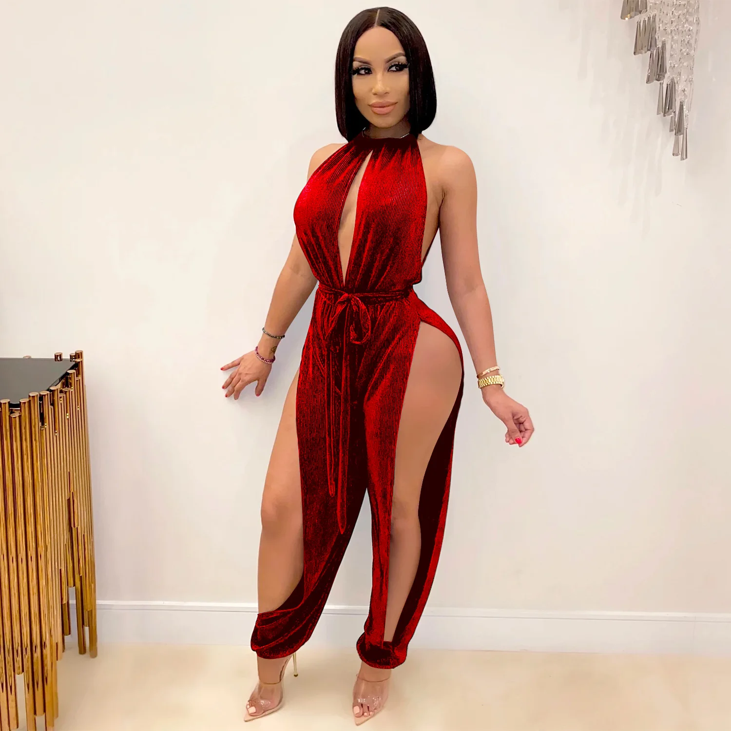 X3737 women's jumpsuit spring and summer fashion sexy solid color halter straps elastic split jumpsuit women's nightclub