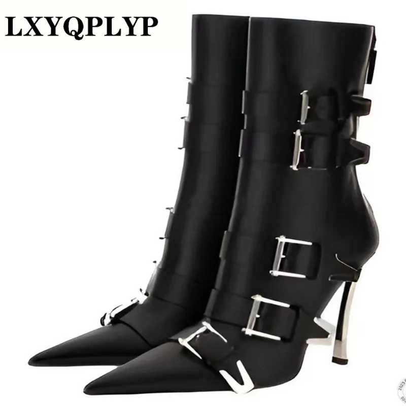 

Brand Women's Boots Autumn and Winter New Metal Slim Heel Buckle Night Club Show Party Boots Fashion Martin Motorcycle Shoes