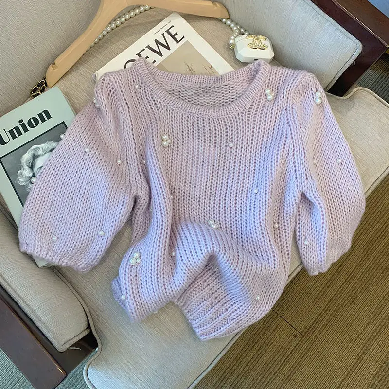 

Purple Pearls Beaded Knitted Shirts Sweater Summer Beaded Puff Sleeves High Waist Jumpers Cashmere Pullovers Sueter Crop Tops