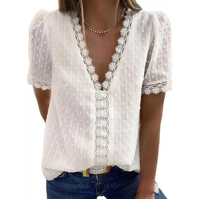 

Summer Short Sleeve Womens Tops and Blouses Fashion V Neck Elegant Casual Chic Shirts Ladies Solid Lace Chiffon Blouse