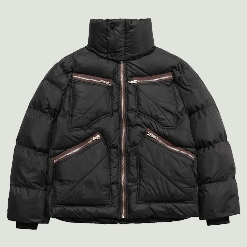 Hip Hop Winter Cotton Padded Warm Parkas Men Streetwear Harajuku Solid Color Multi-pocket Zipper Down Jacket Unisex Women Coats