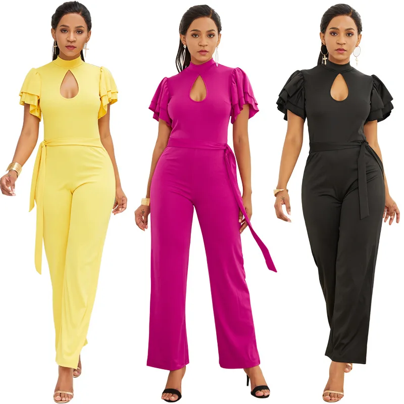 Turtleneck hollow out double falbala back zipper with short sleeves straight wide-legged jumpsuits women's clothing