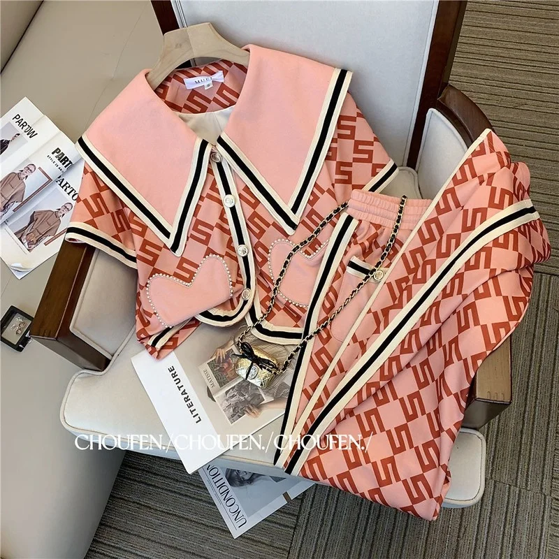 

Luxury Design 2 Piece Women Clothes Summer Casual Sailor Collar Shirt and High Waist Wide Leg Pants Women Pink Two Piece Set