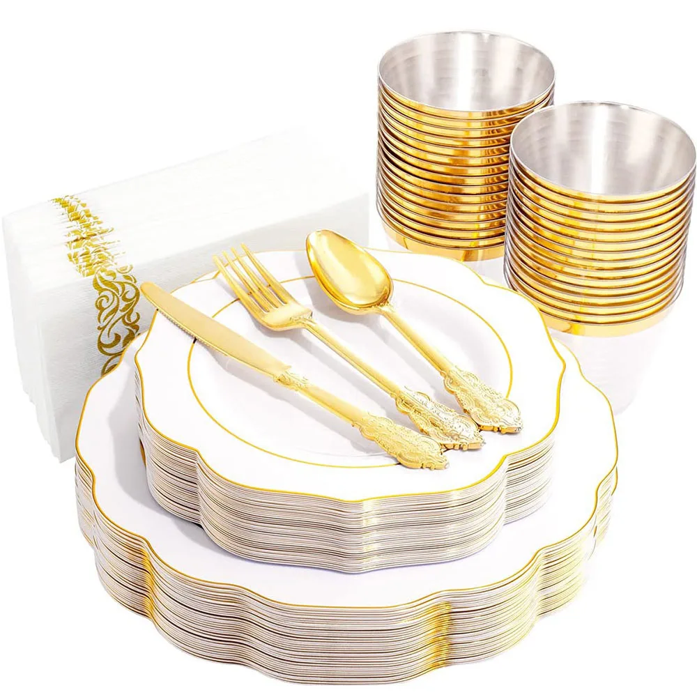 

70 Pieces Disposable Tableware White and Gold Plastic Dinner Plate Disposable Silverware Cup Napkin Christmas Party Decorations