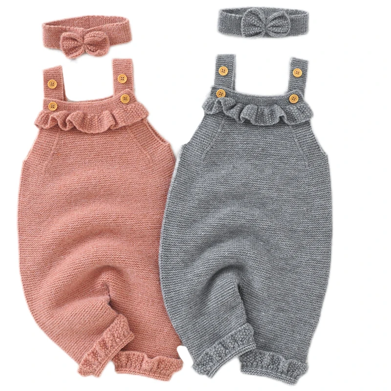 

Весенний свитер для новорожденных девочек, однотонный трикотажный комбинезон на бретельках без рукавов и повязка на голову, Одежда для младенцев на осень