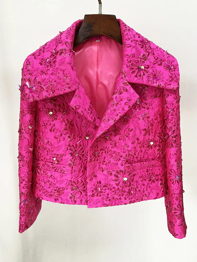 

2023 Spring New Women's Blazer bright Pink Jacquard lapel Blazer Fashion buttonless Cardigan Short suit Top free shipping jacket