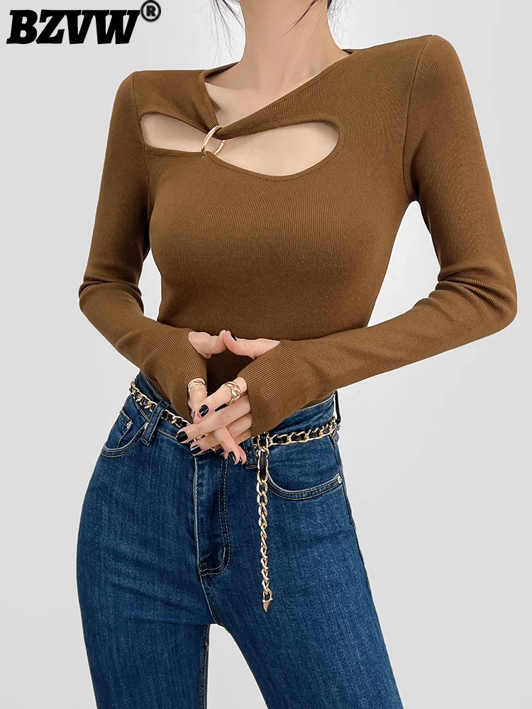 

BZVW Irregular Hollow Out Metal Button Design Knitted Shirt Women's Long Sleeve O-neck Slim Knit Top Female 2023 Spring Autumn