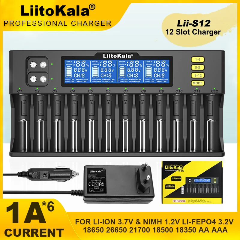 

Зарядное устройство LiitoKala для аккумуляторов 21700, 9 В, ЖК-дисплей, 12 ячеек для аккумуляторов 1,2 в, 3,8 в, 3,2 в, 3,7 в, IMR, NiMH/Cd, 18650, 26650, 26700, AA, AAA