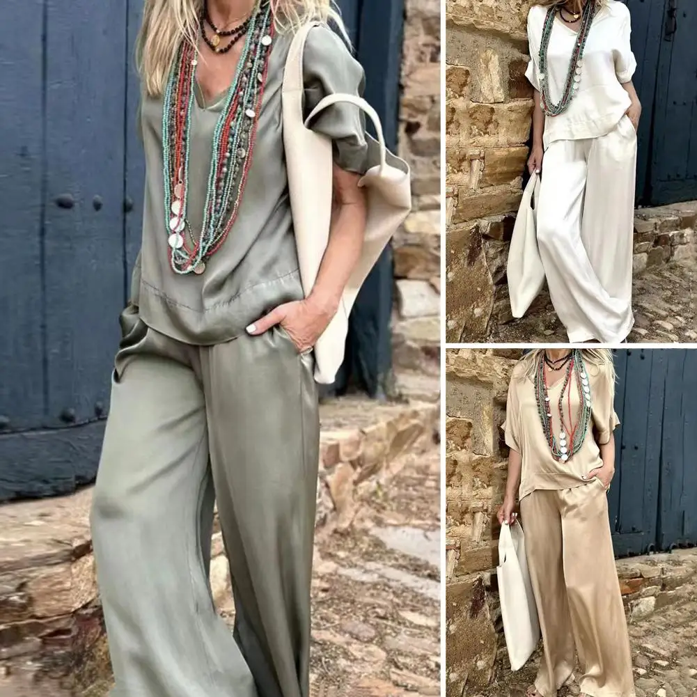 

Women Solid Color Outfit Stylish Women's Casual Set Loose Fit V-neck Pullover T-shirt with Elastic Waist Wide Leg Pants Comfy