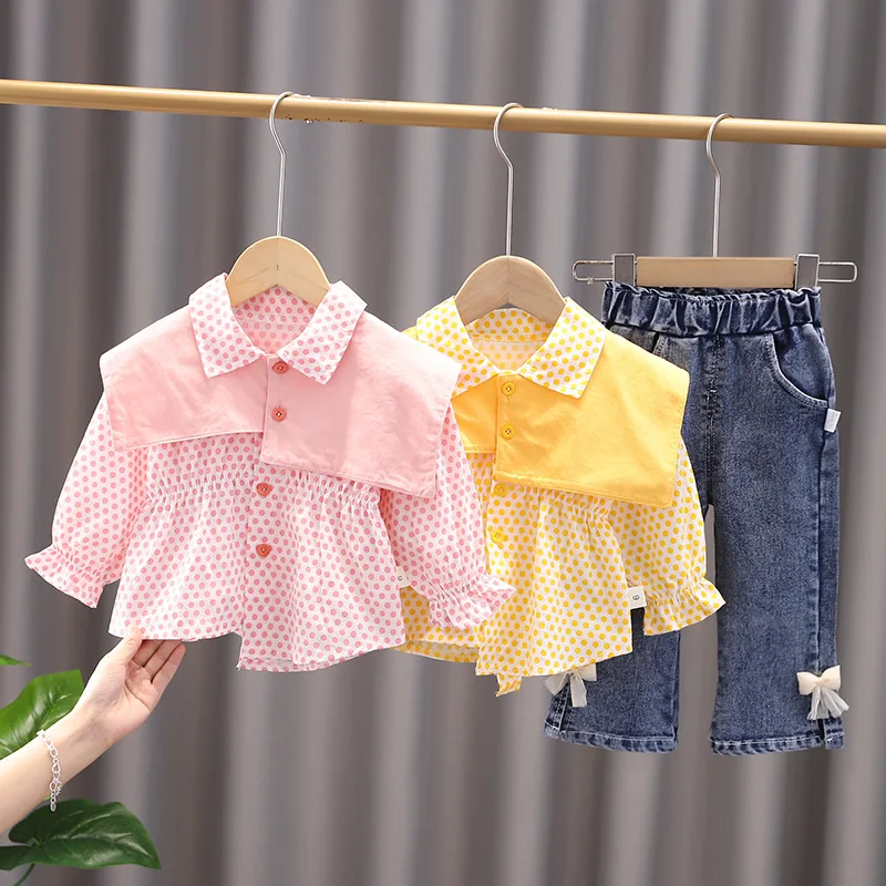 

LZH 2022 Kids Clothes Girls Autumn Clothing Set Cute Casual Polka Dot Shawl Three-Piece Suit For 1-5 Years Toddler Girls Outfits