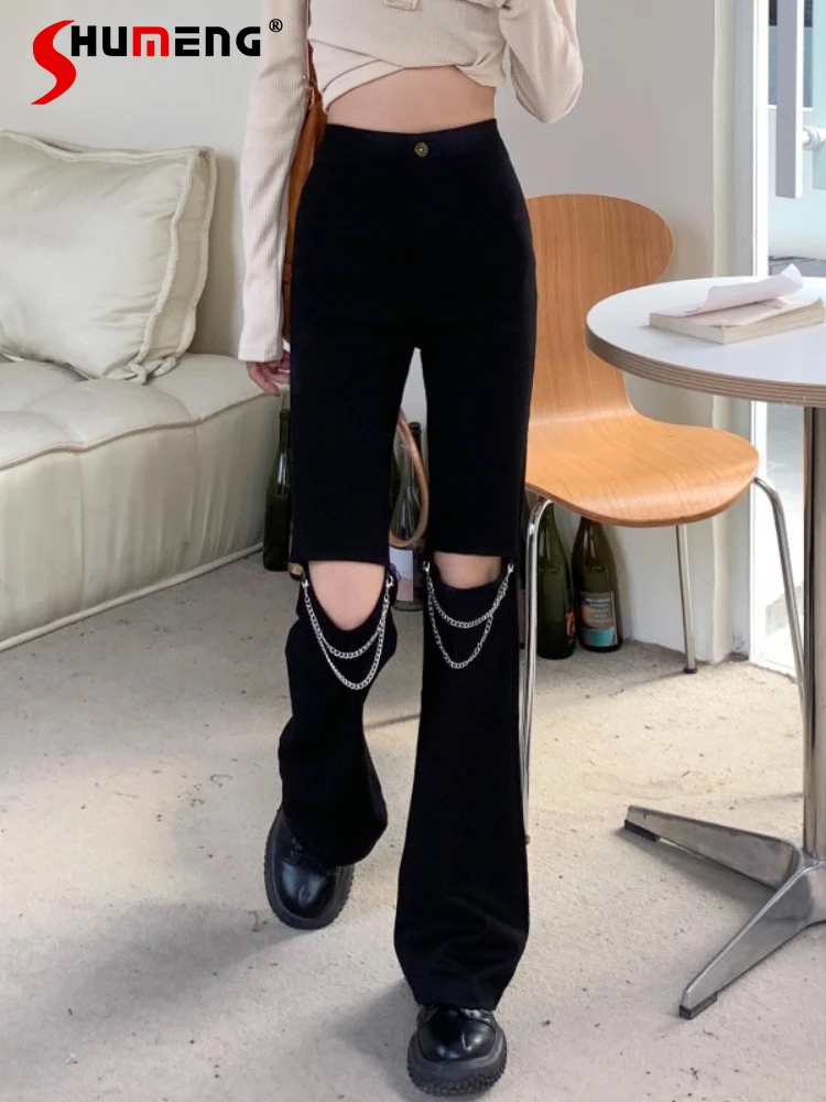 

Women's Summer Baggy Chain Ripped Black Jeans Feminina Streetwear Woman High Waist Straight Skinny Wide Leg Jean Flare Trousers