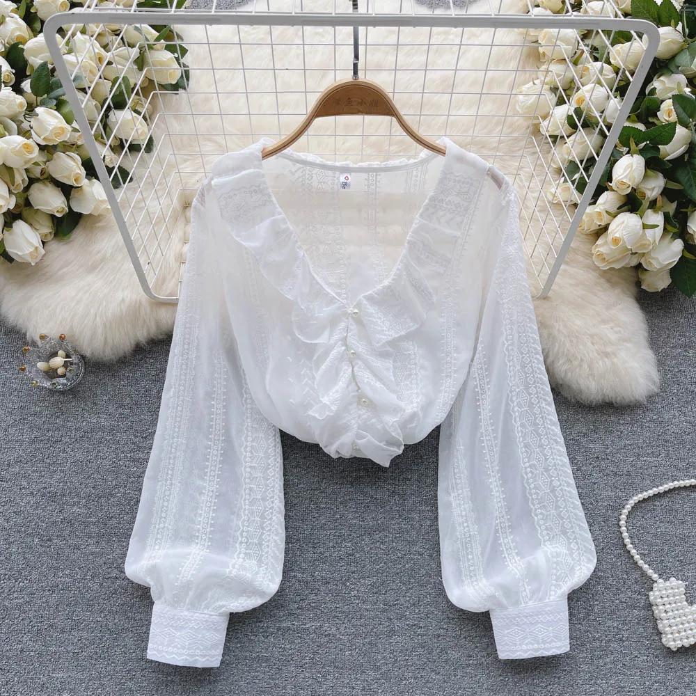 

Блузка женская шифоновая с длинным рукавом, V-образным вырезом и оборками