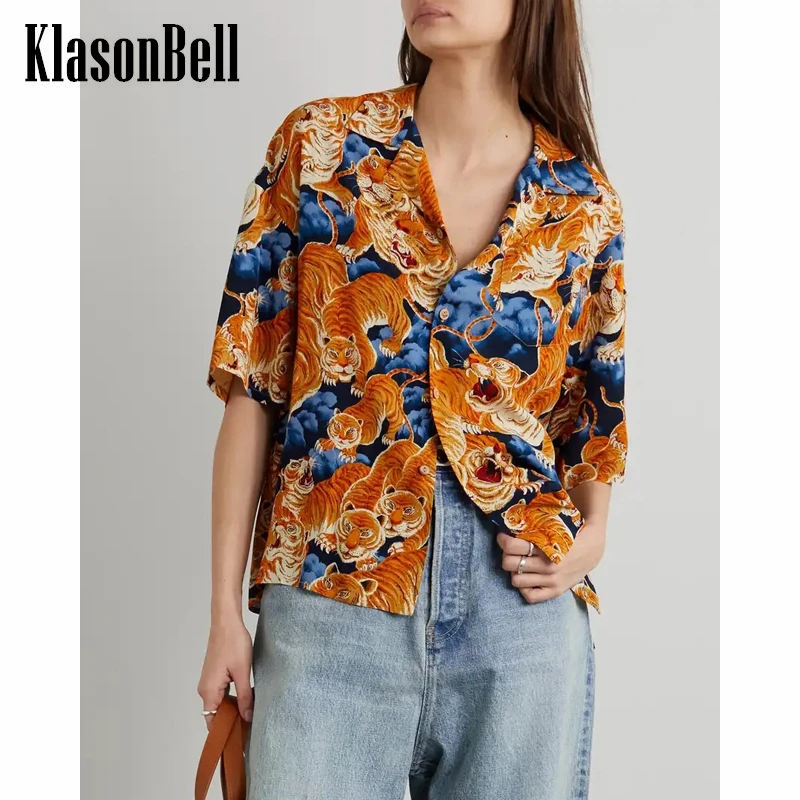 

4,24 KlasonBell модная свободная хлопковая рубашка/блузка с принтом тигра и рукавом до локтя для женщин