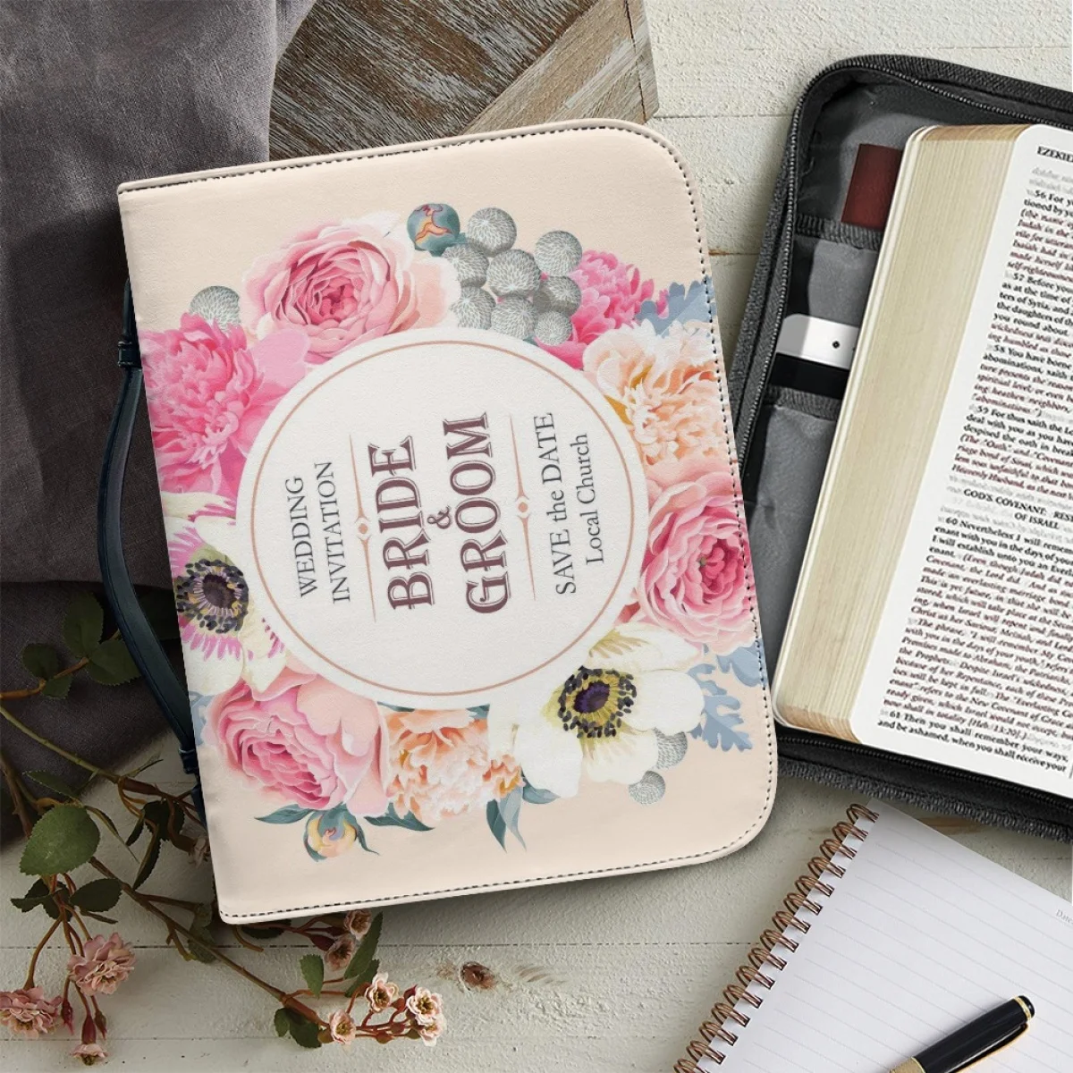 

Custom Design New Bible Cover Case for Women Leather Bible Storage Bags Flower Print Zippered Handle Handbag Bag Holy Bible 2023