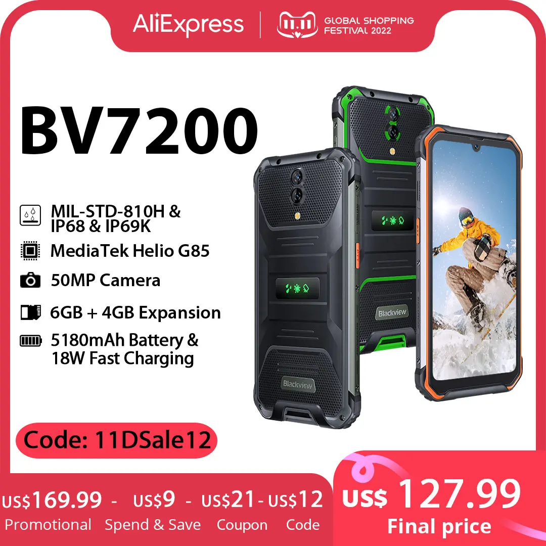 Kup [Światowa Premiera] Blackview BV7200 Wytrzymały Smartfon Android 12 6GB + 128GB Telefon Komórkowy Helio G85 5180mAh Telefony Komórkowe Aparaty 50MP