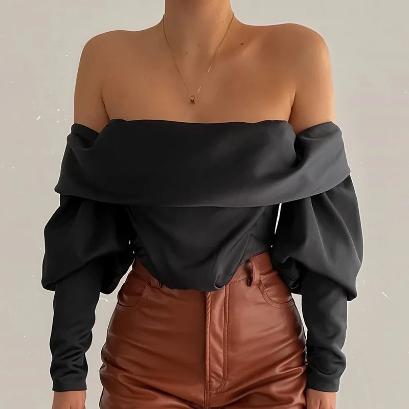 

Sexy Fashion One Word Collar Pleated Pile Sleeves Long-sleeved Short Crop Off-shoulder Satin Black Ladies Y2k Tops 2021 New