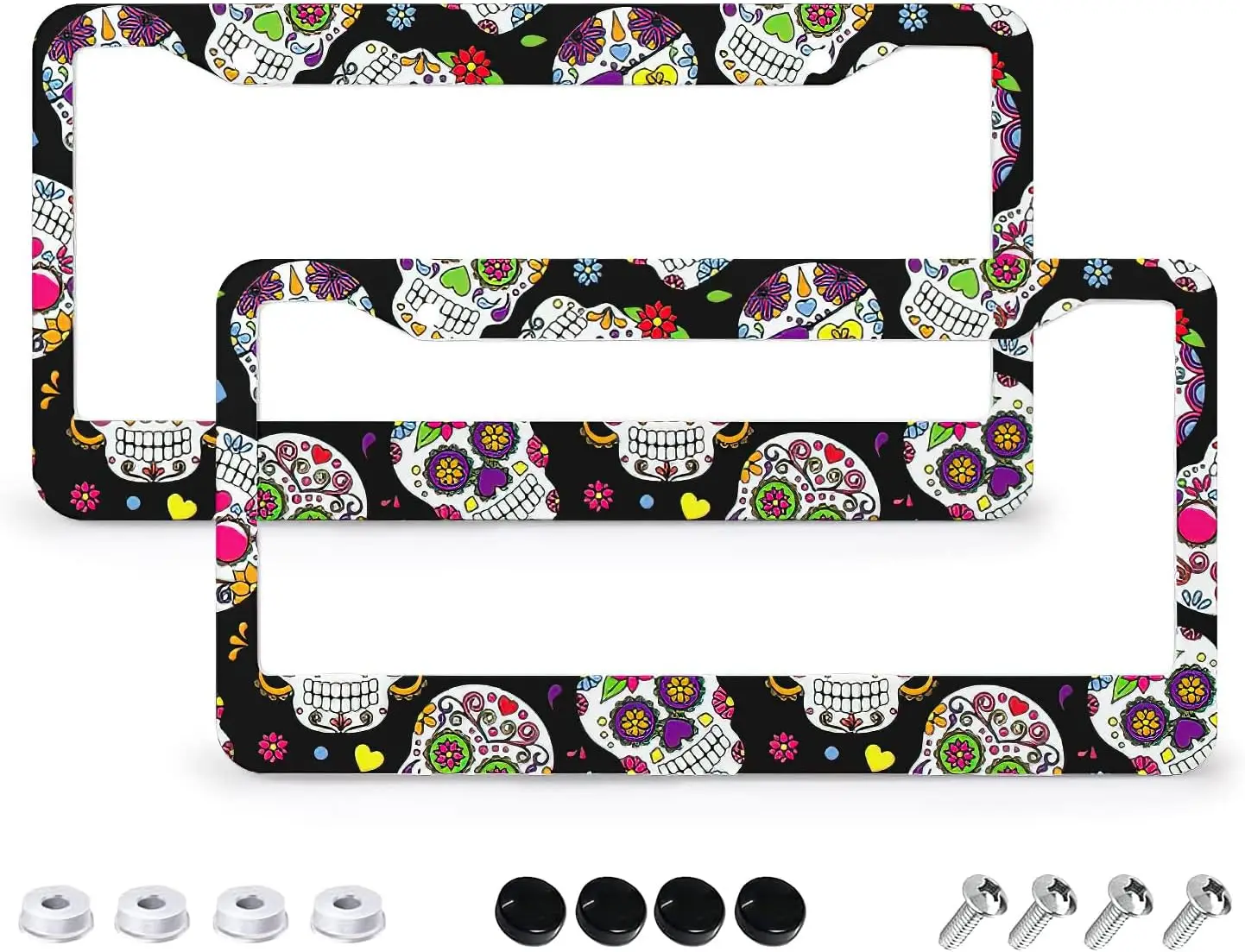 

2 Pcs Set 2 Holes Sugar Skull Flowers License Plate Frame Auto Car Accessories Tag Aluminum Metal License Plate Cover Frame