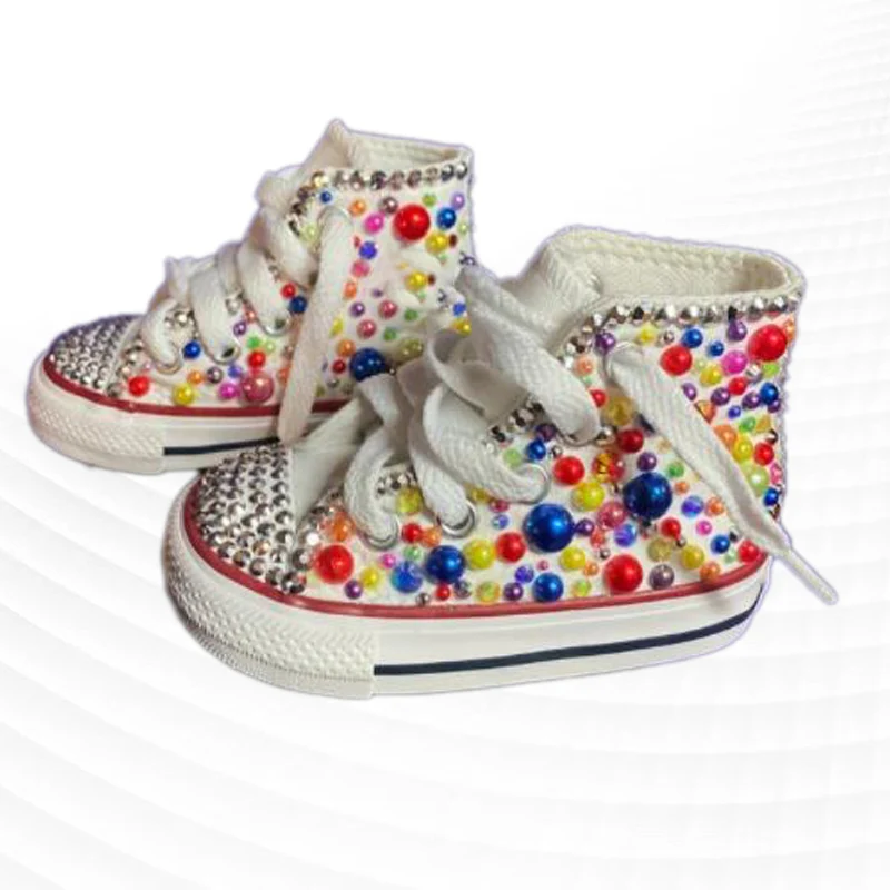 

Белые холщовые туфли с высоким верхом, цветные жемчужные стразы, лента для пешеходной уличной съемки, ручная работа, жемчужные вулканизиров...