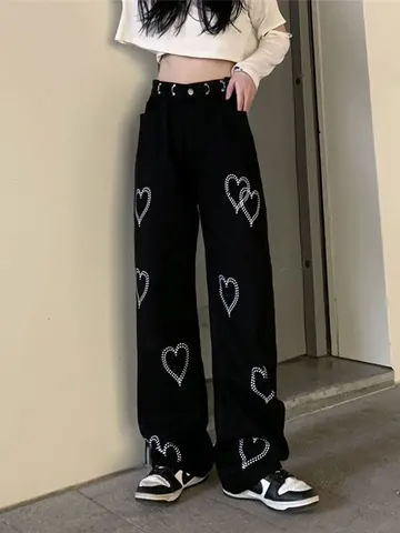 Printed Love Jeans Women Pants Fashion Harajuku High Waist Loose Straight Leg Trousers 2023 Spring Casual Lady Hip Hop Pants