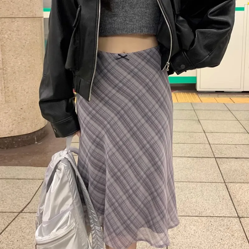 Модная винтажная синяя клетчатая юбка Neploe Y2k облегающая с высокой талией для