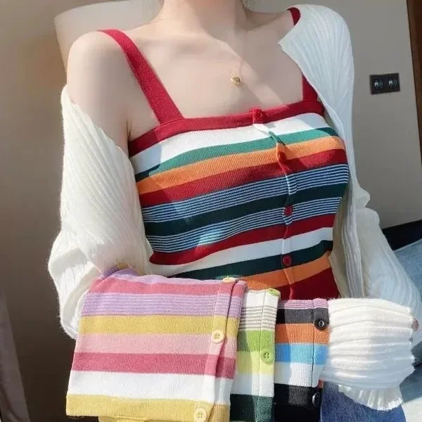 Sexytank Верхняя одежда Женский летний укороченный полосатый вязаный топ с цветными