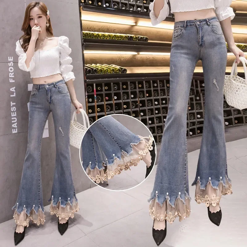 

Women Summer Hollow Micro-laden Jeans 2022 Spring Autumn Female New Beaded High-waisted Stretchy Slim Nine-point Flared Pants