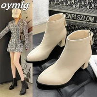 boots womens leather short boots thick heel high heel flow new back zipper pointed toe womens boots fashion womens shoes