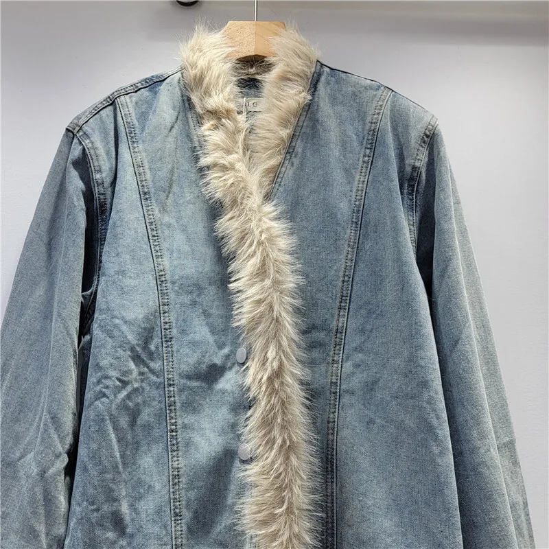 WTHT модное новое женское свободное джинсовое пальто с плюшевым краем осень 2024