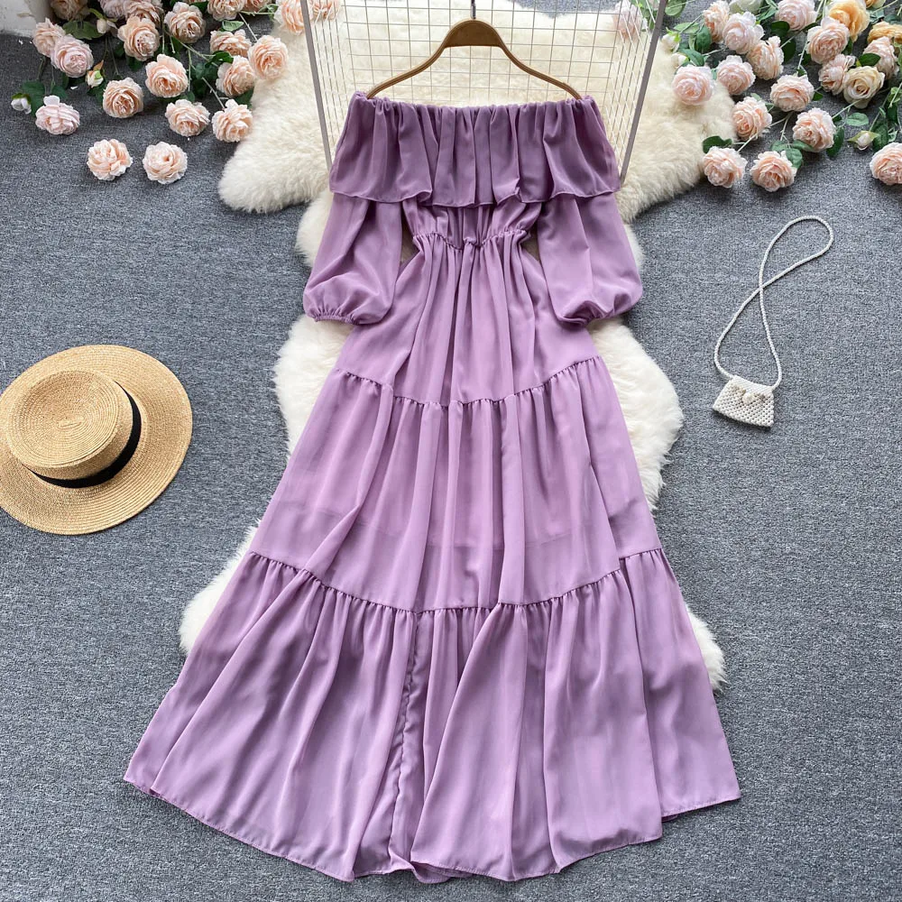 

VANOVICH Korean Style Spring and Summer New Slash Neck Ruffled High Waist Pleated Temperament Dress Solid Ankle-Length Dress