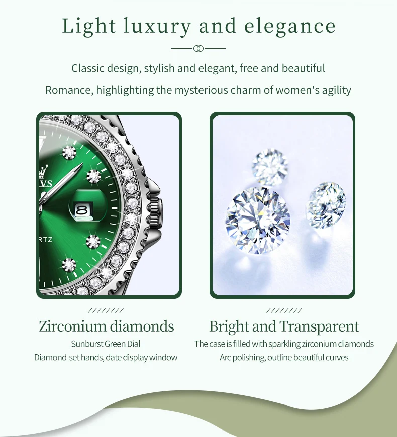 TAXAU Green Classic Quartz Watch Dress For Women 2023 Waterproof Stainless Steel Strap Diamond Mirror Elegant Women's wristwatch enlarge