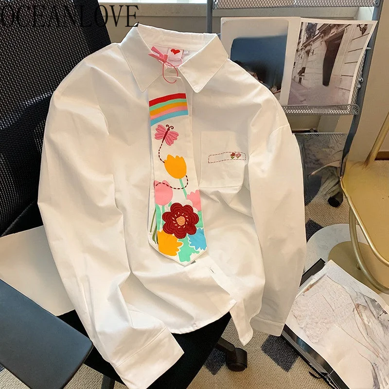 

Print lower Women Blouses Spring Autumn Korean ashion Sweet White Blusas Mujer Vintage Loose Long Sleeve Shirts