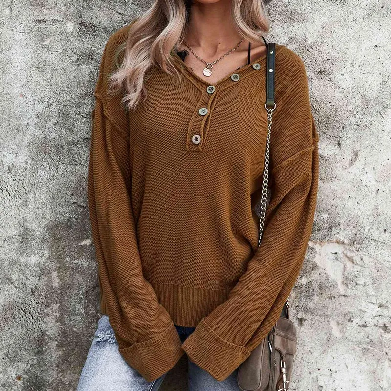

V-Neck Long-Sleeved Knit Top Knit Sweater With Oversized Sweater Sleeves Waist Solid Color Faux Button Coat
