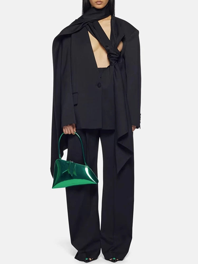 Женский блейзер на одной пуговице DEAT однотонный пиджак с воротником-шарфом и