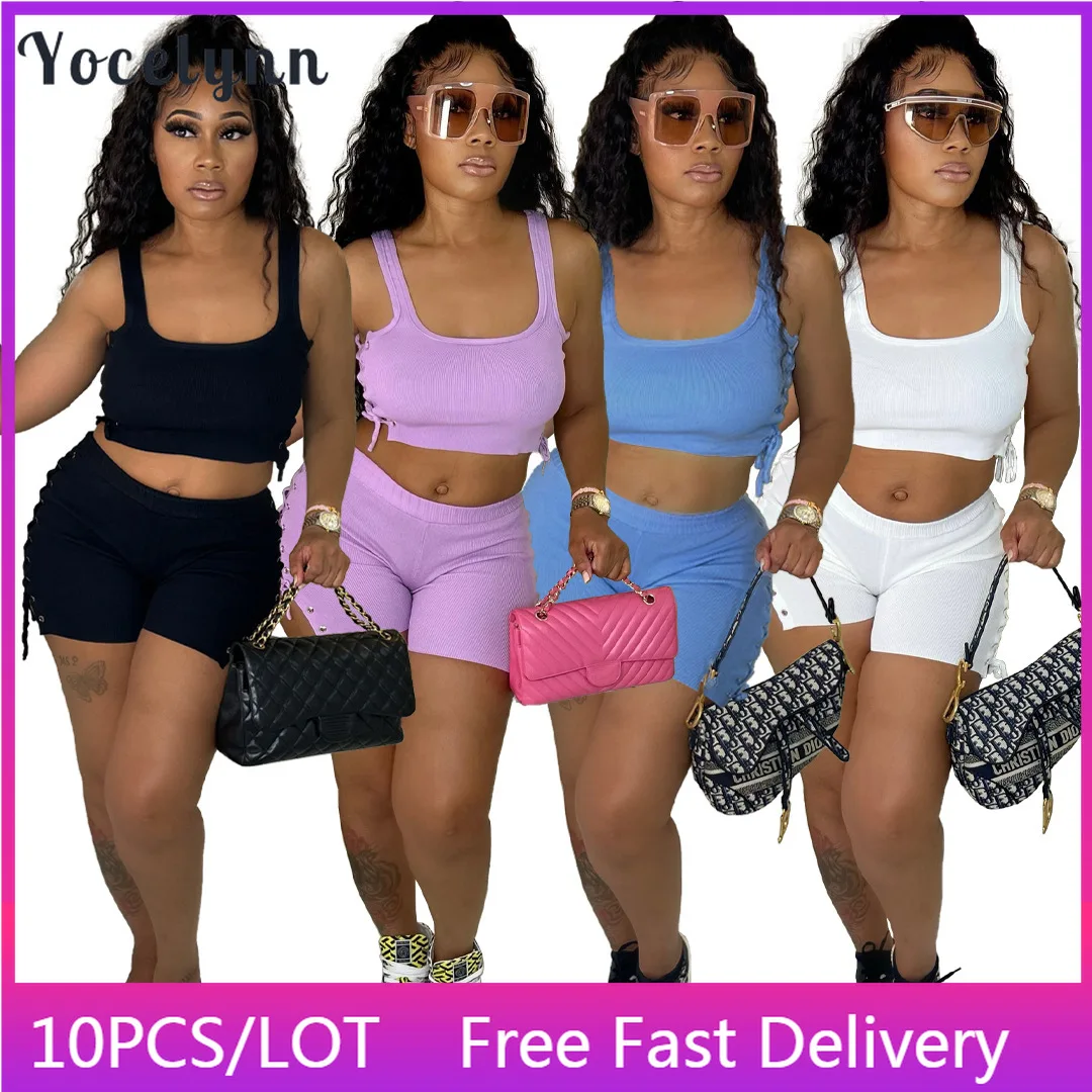 

10PCS Bulk Items Wholesale Lots Sexy Two Piece Sets Women Outfits Side Bandage Tank Tops + Short Pants 2022 Ribbed Two Piece Set