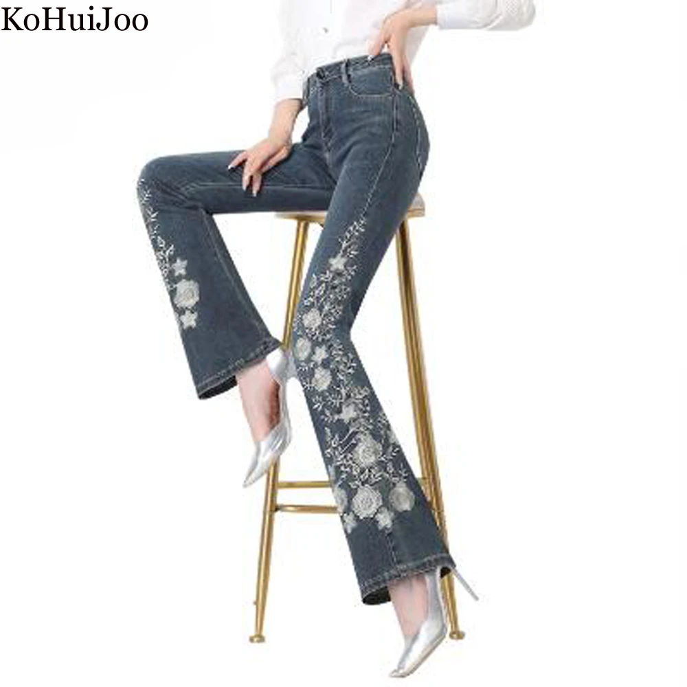 KoHuiJoo 2022 Autumn New Embroidered Jeans Woman Vintage National Style High Waist Stretch Jeans Flare Casual Pants Trousers