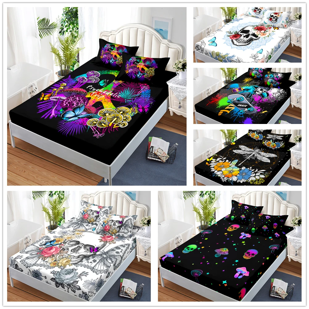 

Skull Print Bed Sheet Set Horror Skeleton Fitted Sheet for Kids Boys Girls Teens Galaxy Halloween Themed Soft Flowers Bed Cover