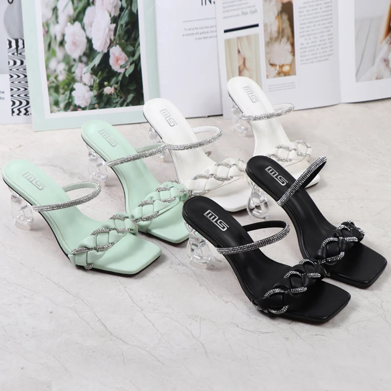 

2022 Summer Women 8.5cm High Heels Crystal Slides Mules Lady Weave Leather Clear Block Heels Slippers Green Glitter Design Shoes