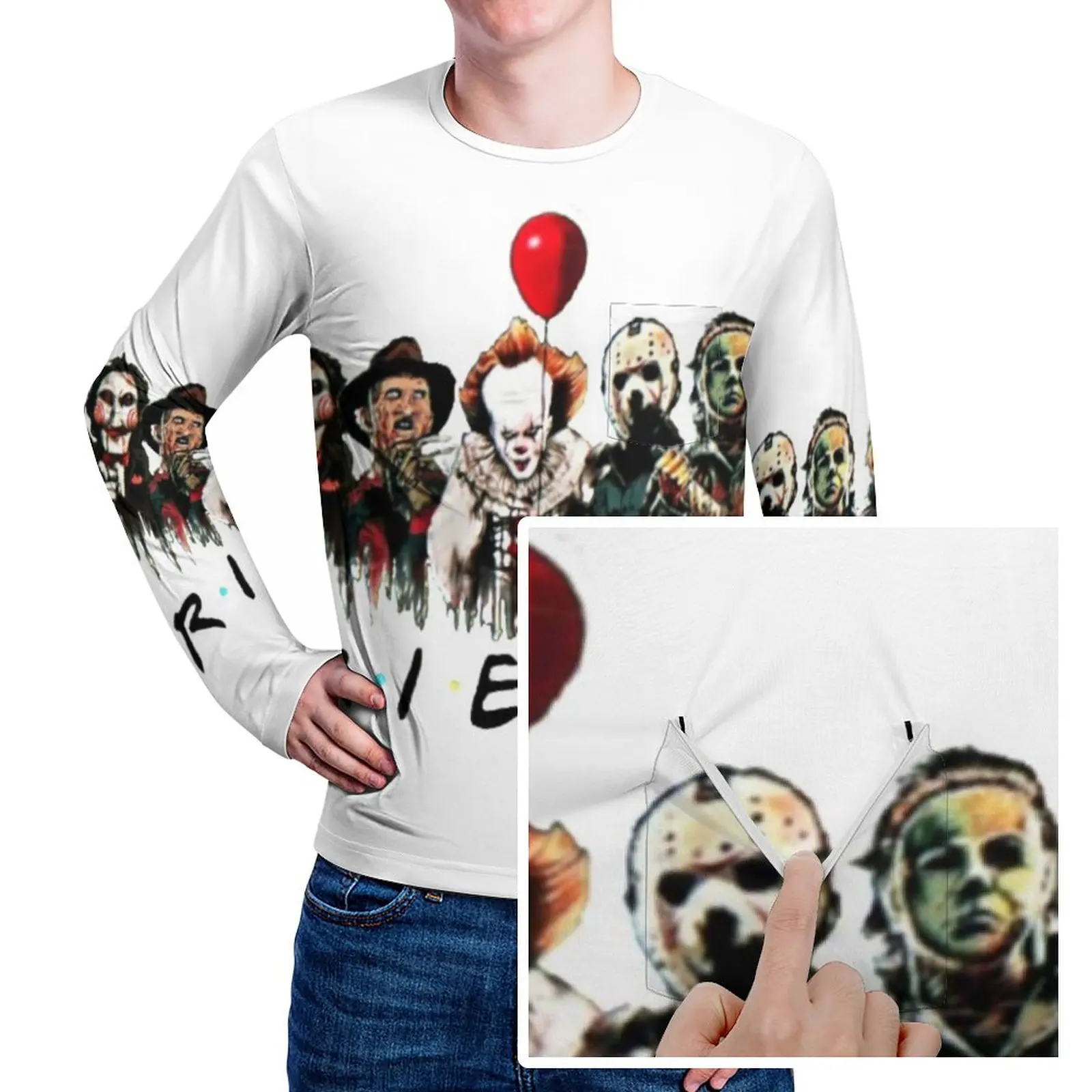 

Футболка Чаки Хэллоуин для друзей, винтажные футболки с карманом для ТВ-сериала, дизайнерские Топы с длинным рукавом, уличный стиль, большие размеры