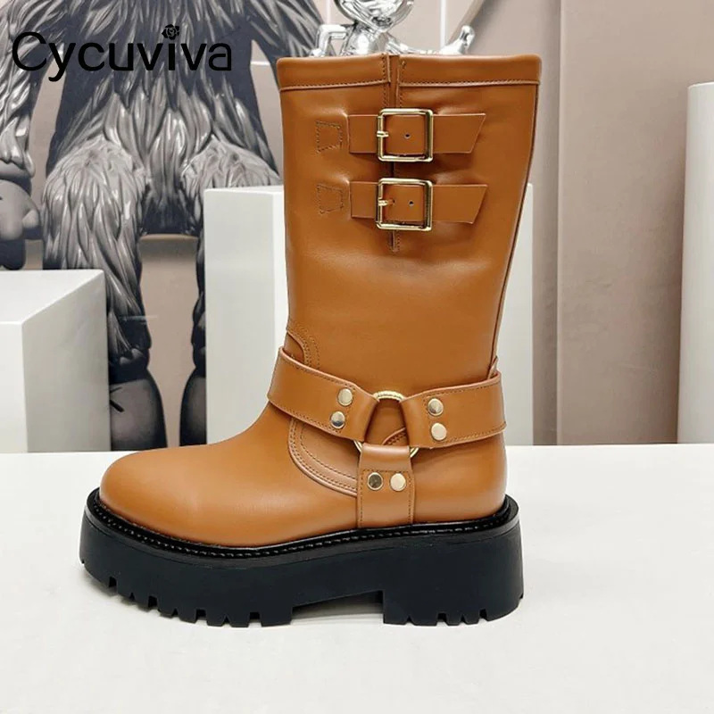 

Женские ботинки до середины икры, ботинки из натуральной кожи на платформе, на толстой подошве, дизайнерская брендовая повседневная обувь, мотоциклетные сапоги, 2023