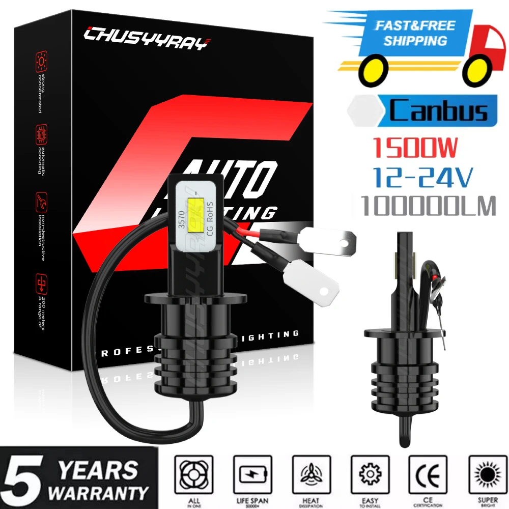 

H3 Светодиодные лампы для фар Автоматические светодиодные чипы CSP Canbus 6000K 100000LM 500% Супер яркие белые лампы 1:1 Та же размер Plug & Play