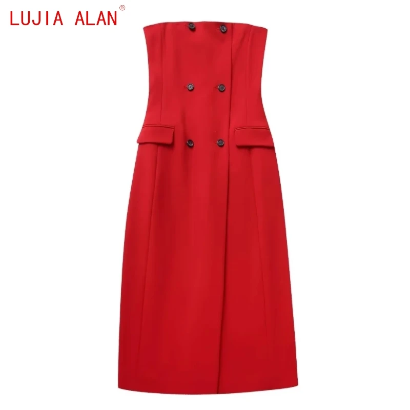 

Новое женское двубортное красное платье миди без бретелек, женские повседневные свободные платья без рукавов, LUJIA ALAN WD3688