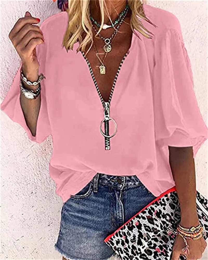 Spring Summer New Solid Color Lantern Sleeve Zipper V-Neck Blouses Women's Office Lady Casual Loose Shirt Tops Blusas |