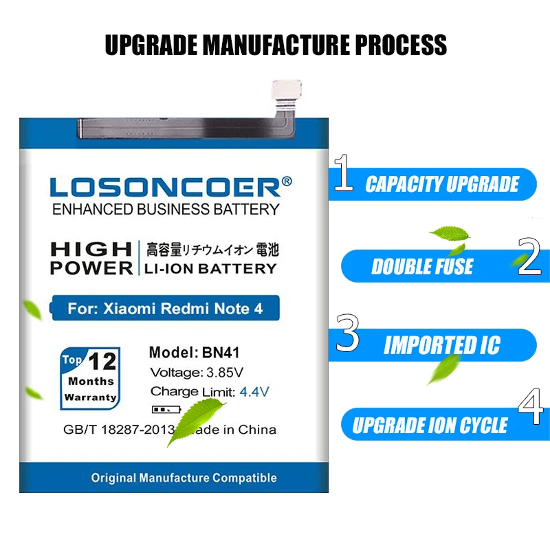 Аккумулятор LOSONCOER BN41 BN41L BN41H на 6150 мАч для Xiaomi Redmi Note 4 / Hongmi 4X Pro MTK Helio X20 |